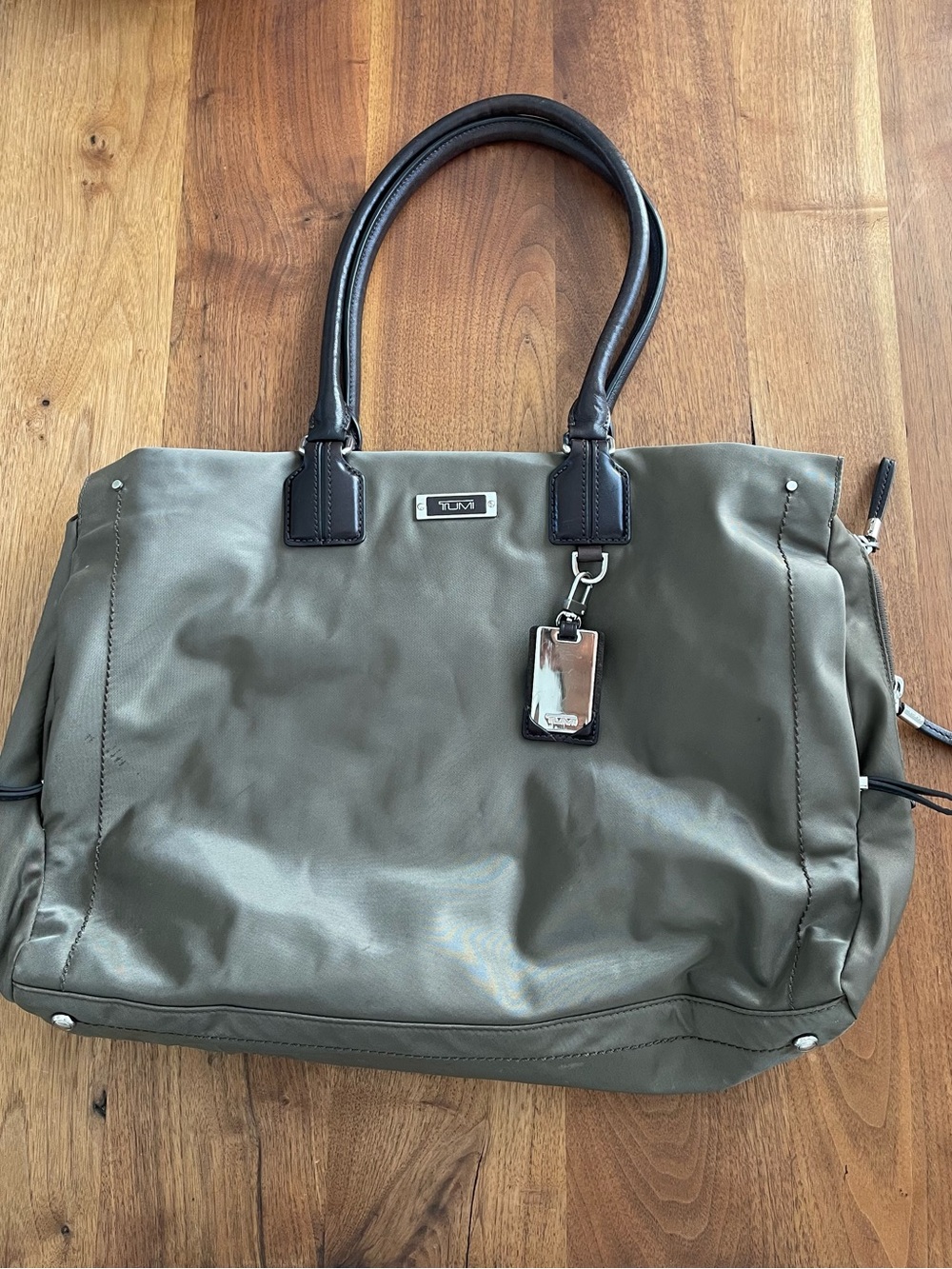 Tumi Olive Nylon travel Tote shoulder bag with Dark Brown leather Handles